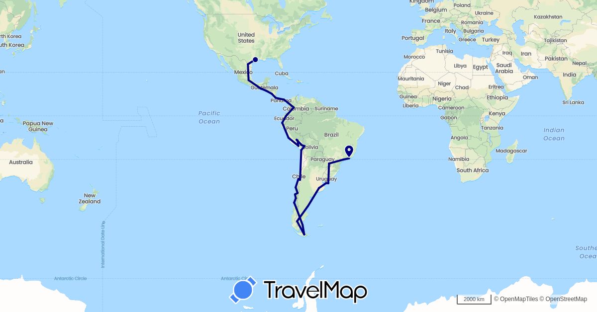 TravelMap itinerary: driving in Argentina, Bolivia, Brazil, Chile, Colombia, Costa Rica, Ecuador, Guatemala, Mexico, Nicaragua, Panama, Peru, El Salvador, United States, Uruguay (North America, South America)